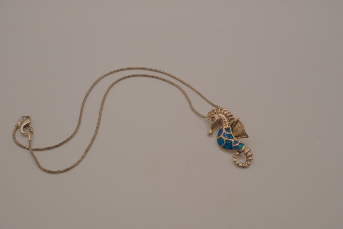 Sterling silver Opal seahorse pendant necklace