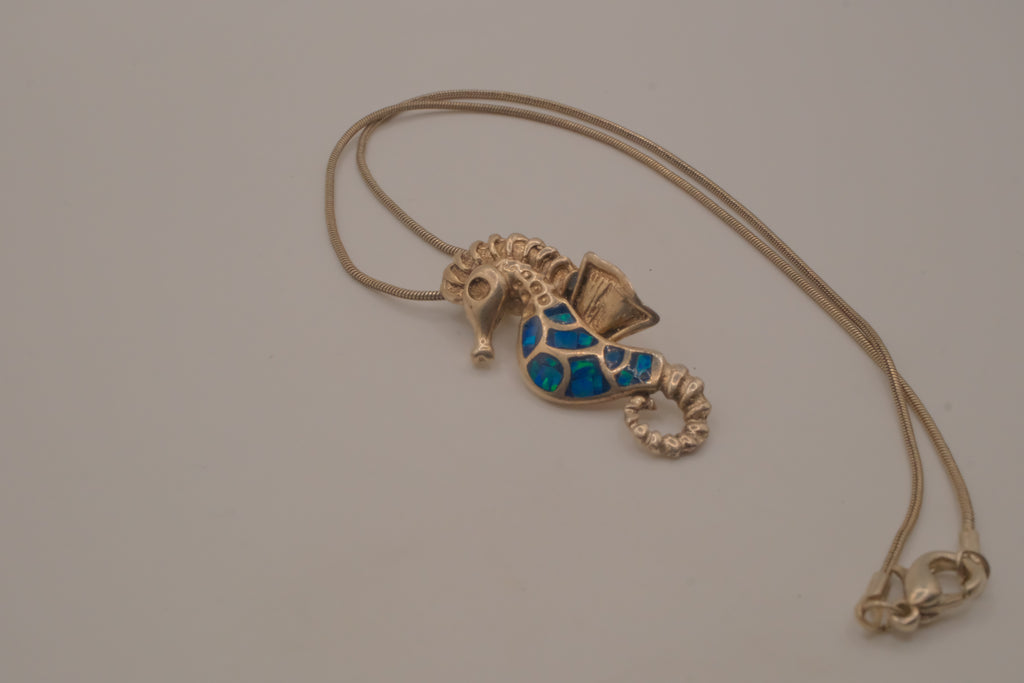 Sterling silver Opal seahorse pendant necklace