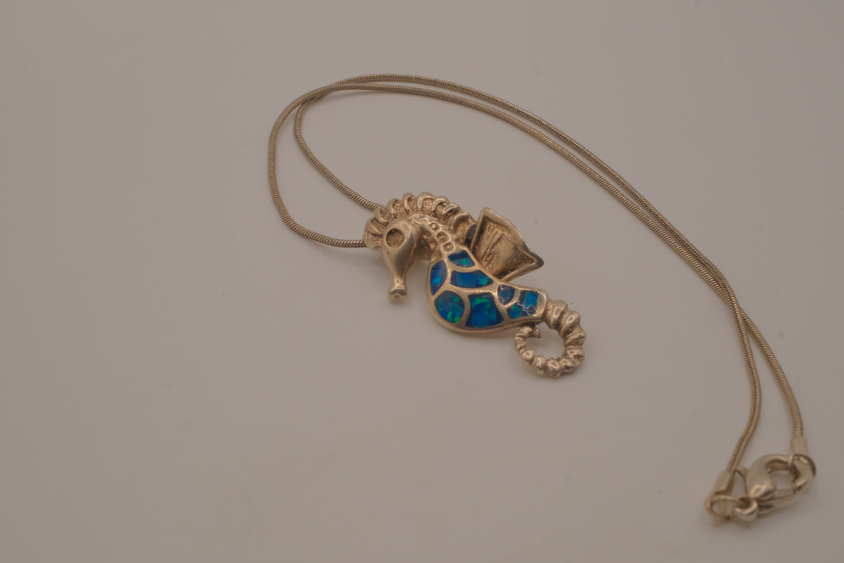 Sterling silver Opal seahorse pendant necklace