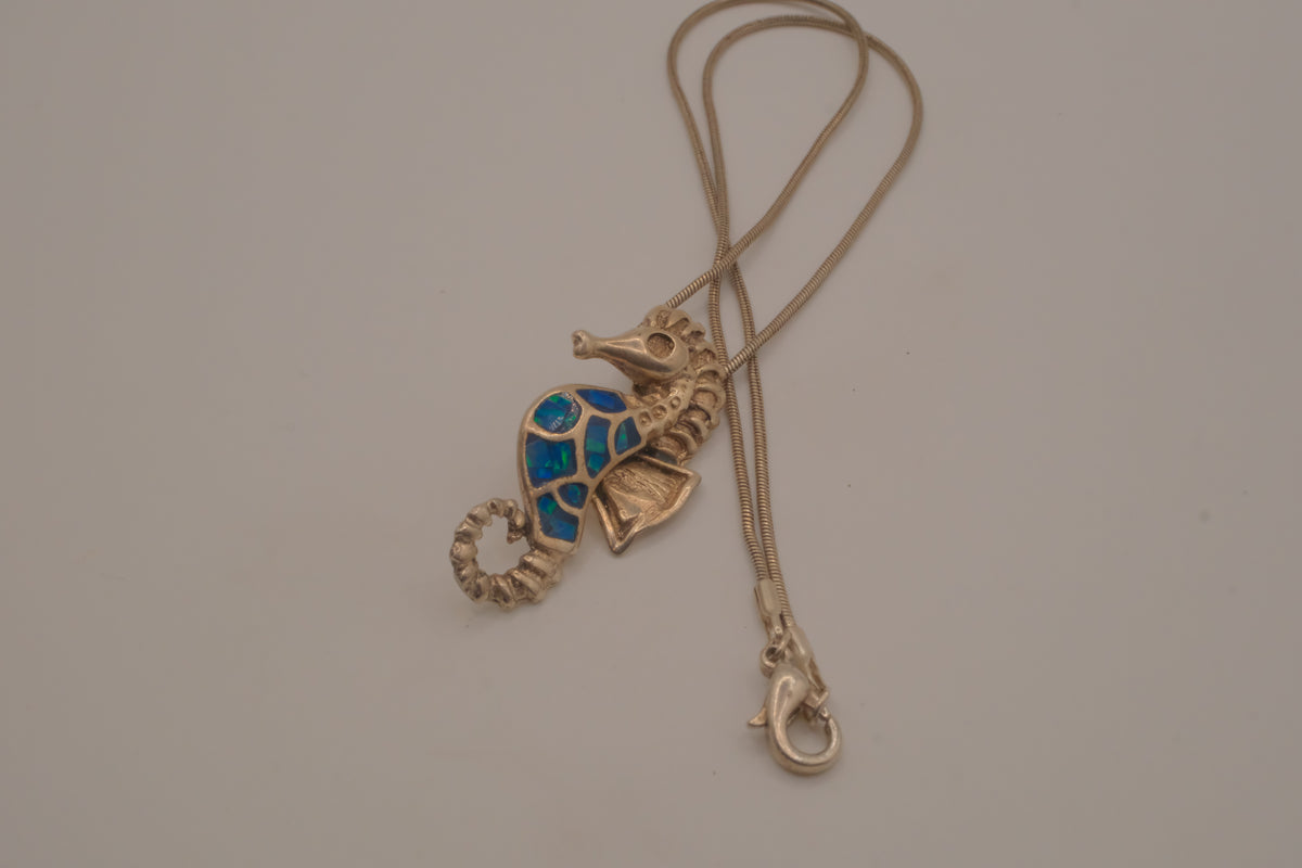 Sterling silver Opal seahorse pendant necklace