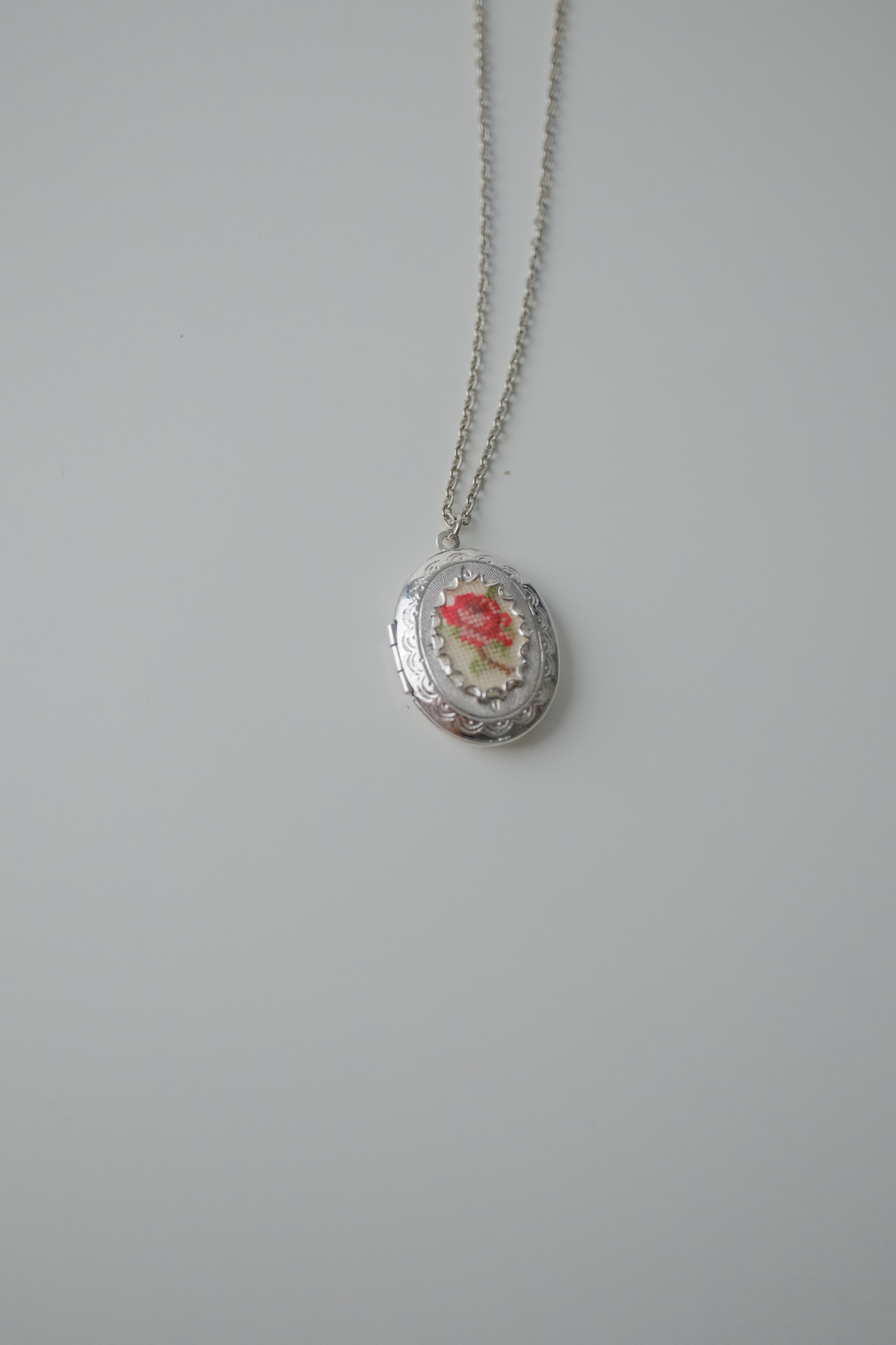 Vintage Petite Point Rose Locket Necklace