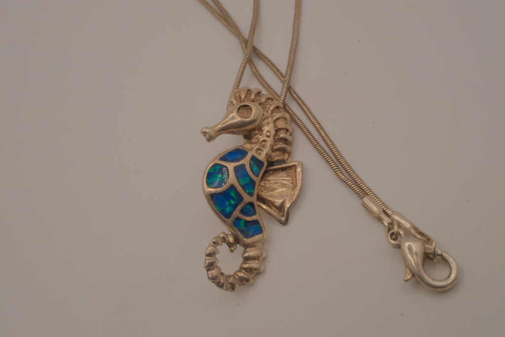 Sterling silver Opal seahorse pendant necklace