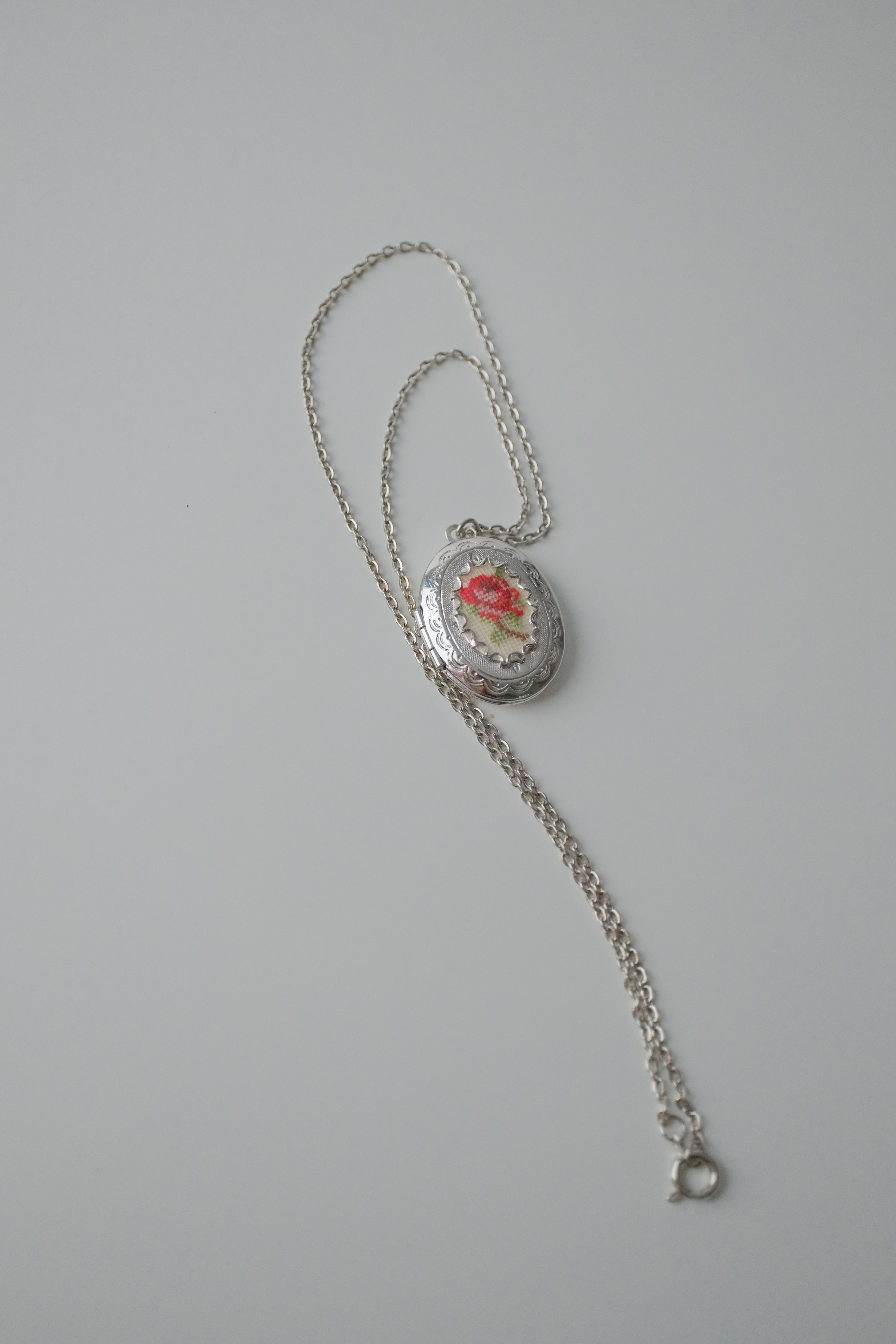 Vintage Petite Point Rose Locket Necklace
