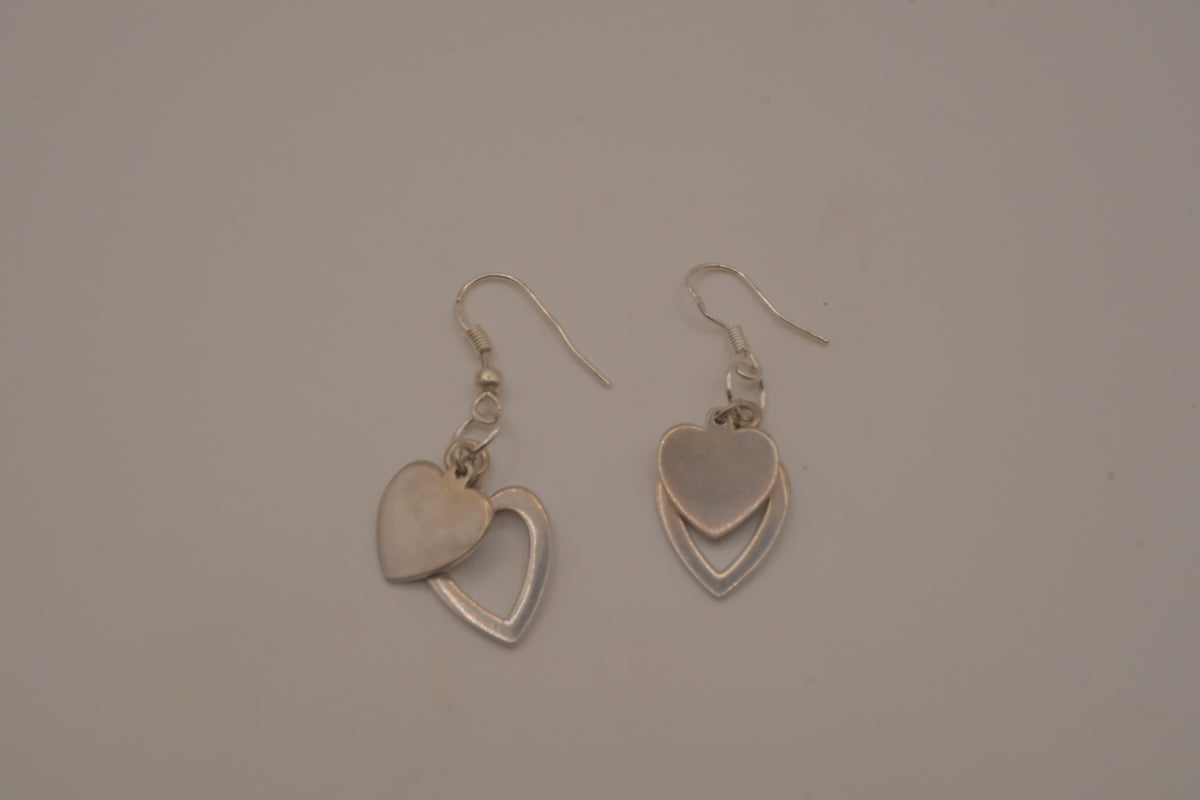 Sterling silver Open and solid double heart dangle earrings