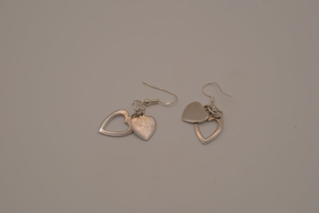 Sterling silver Open and solid double heart dangle earrings