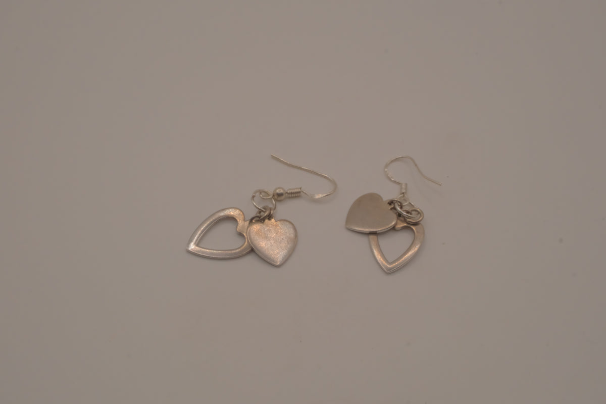 Sterling silver Open and solid double heart dangle earrings