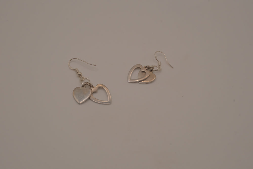 Sterling silver Open and solid double heart dangle earrings