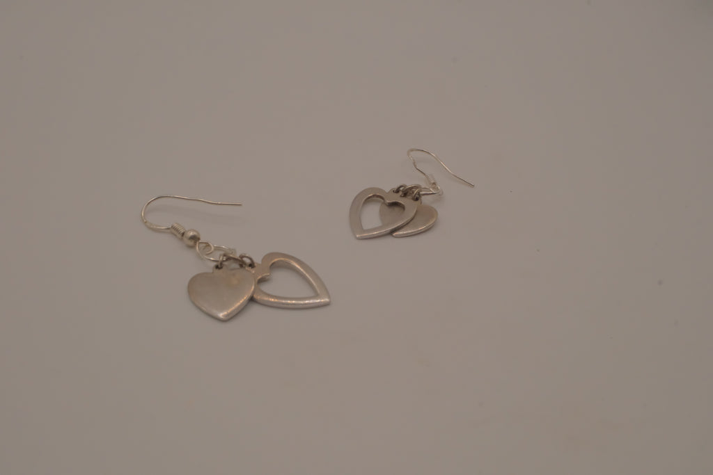 Sterling silver Open and solid double heart dangle earrings