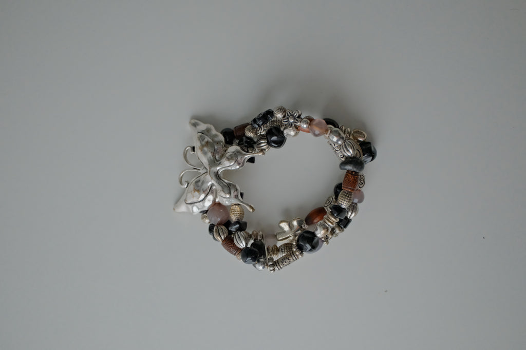 Vintage Silver Butterfly Layered Stretch Bracelet