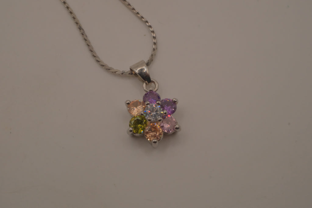 Sterling silver multicolor gemstone flower pendant necklace