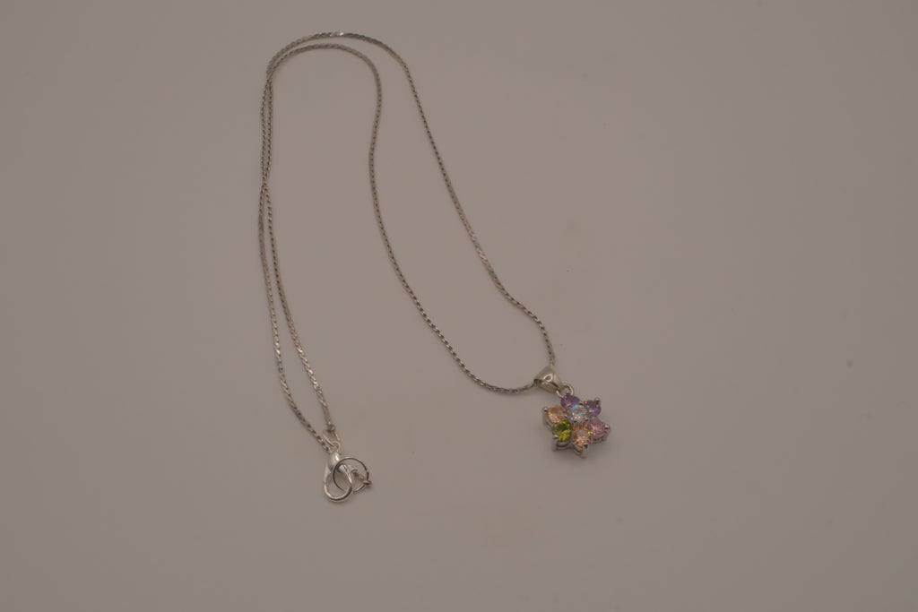 Sterling silver multicolor gemstone flower pendant necklace