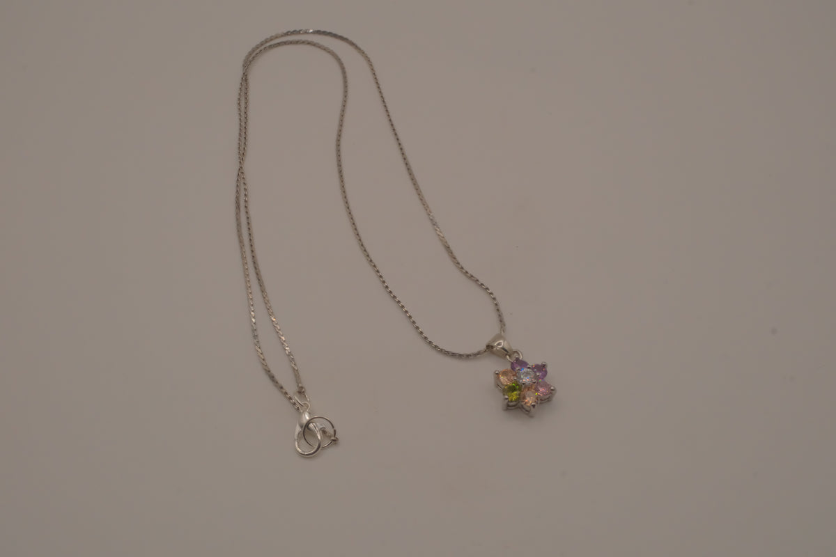 Sterling silver multicolor gemstone flower pendant necklace