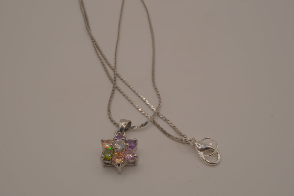 Sterling silver multicolor gemstone flower pendant necklace