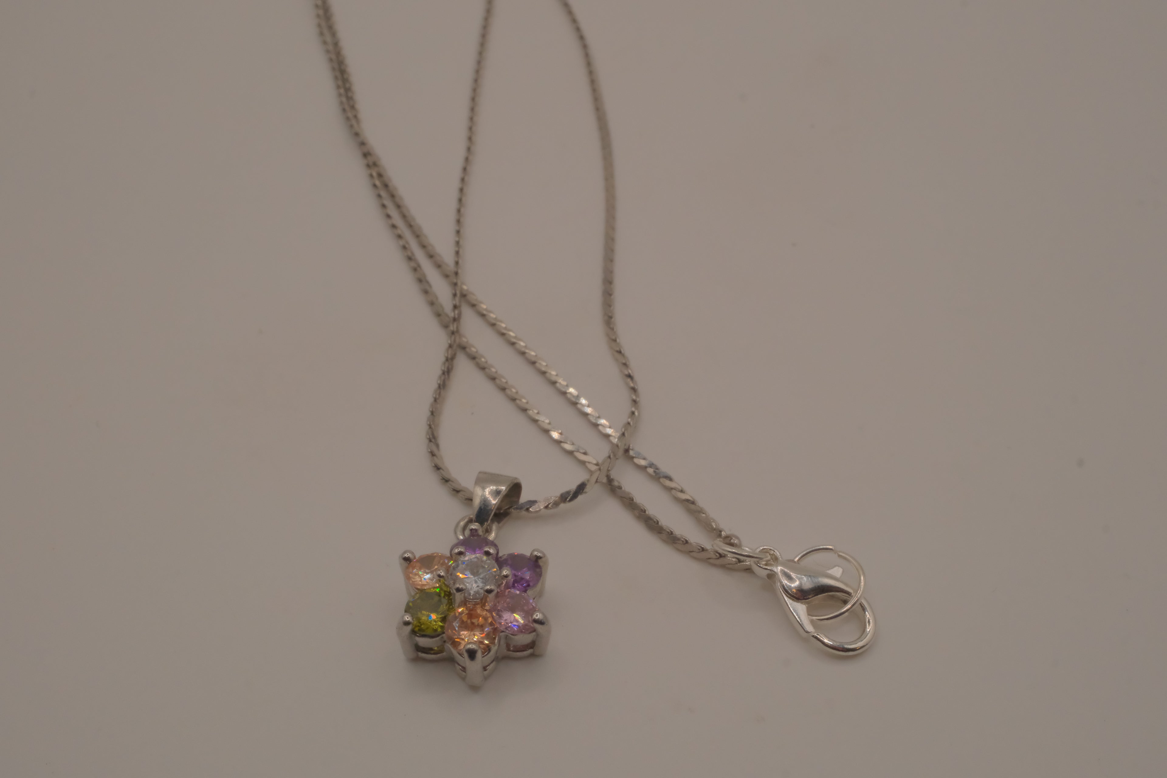 Sterling silver multicolor gemstone flower pendant necklace