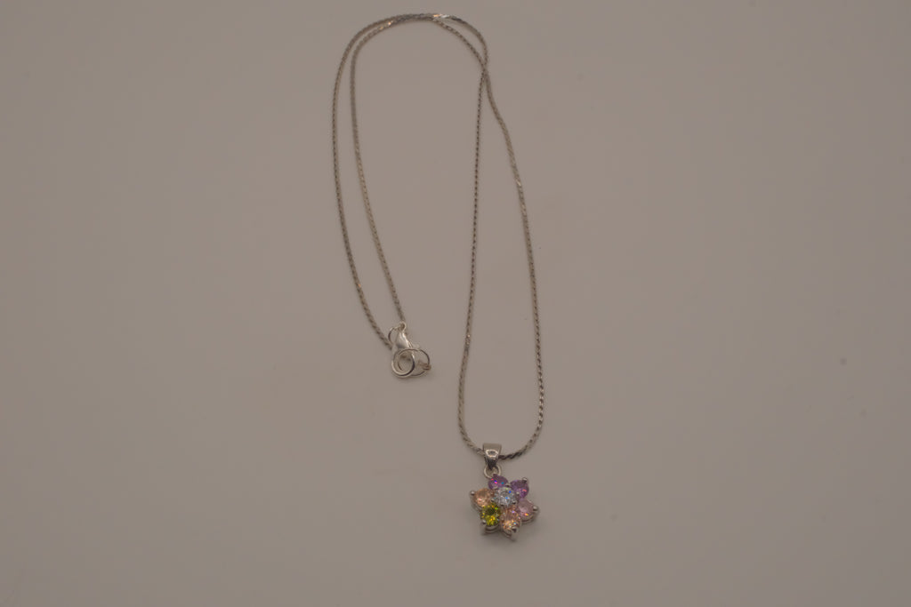 Sterling silver multicolor gemstone flower pendant necklace