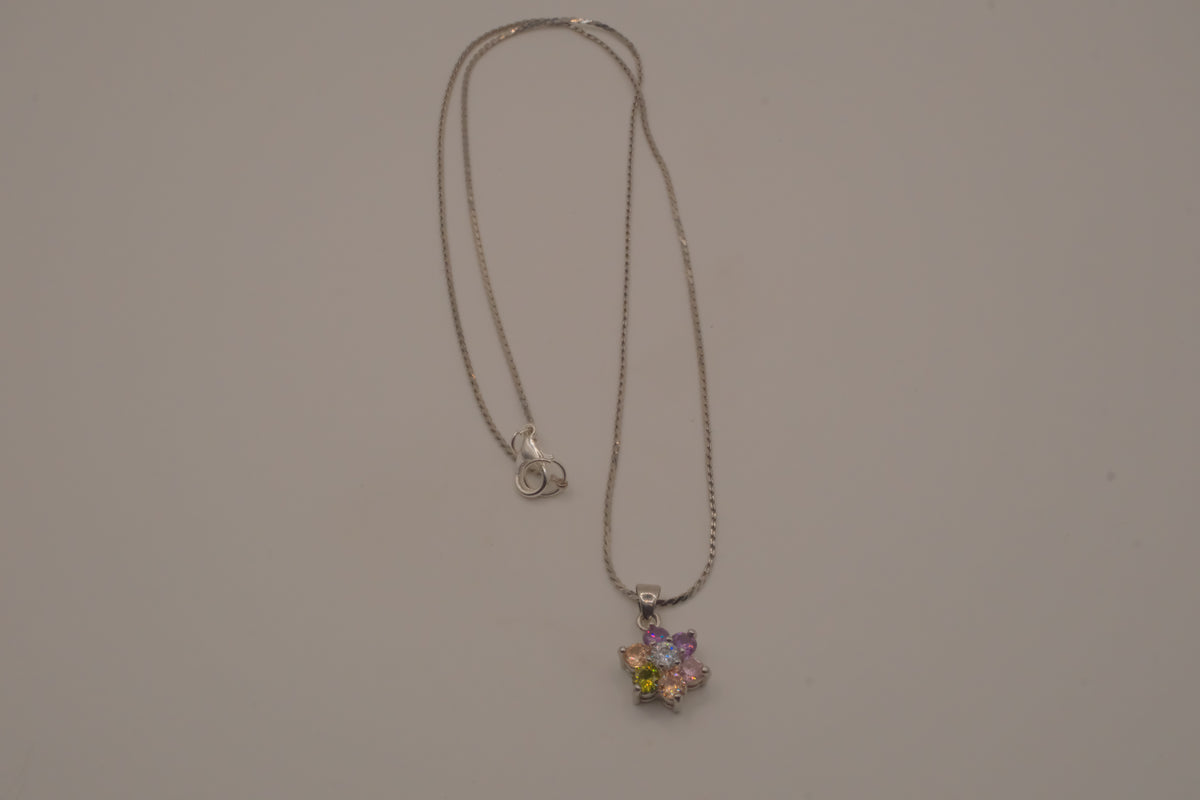 Sterling silver multicolor gemstone flower pendant necklace