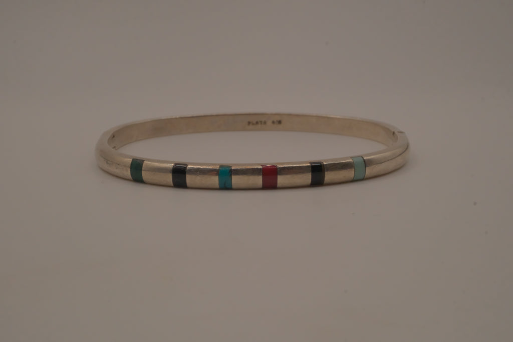 Vintage Mexican Sterling Silver Multi-Gemstone Inlay Hinged Bangle Bracelet