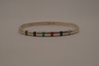 Vintage Mexican Sterling Silver Multi-Gemstone Inlay Hinged Bangle Bracelet