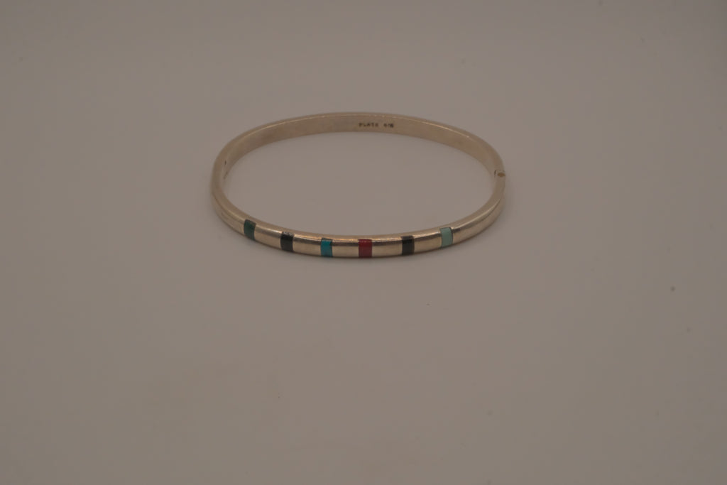 Vintage Mexican Sterling Silver Multi-Gemstone Inlay Hinged Bangle Bracelet