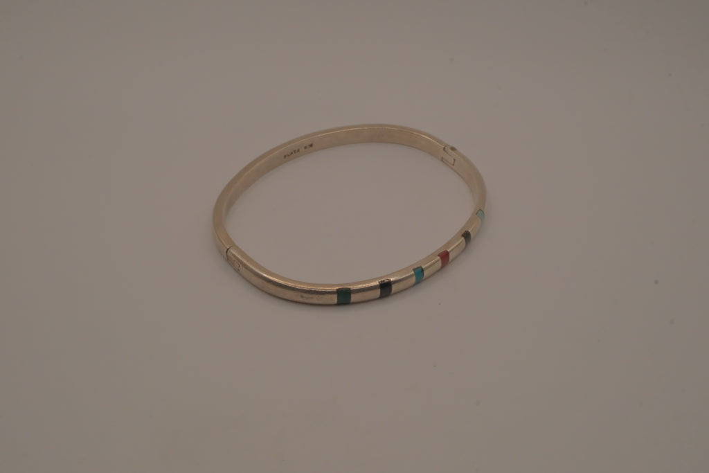 Vintage Mexican Sterling Silver Multi-Gemstone Inlay Hinged Bangle Bracelet