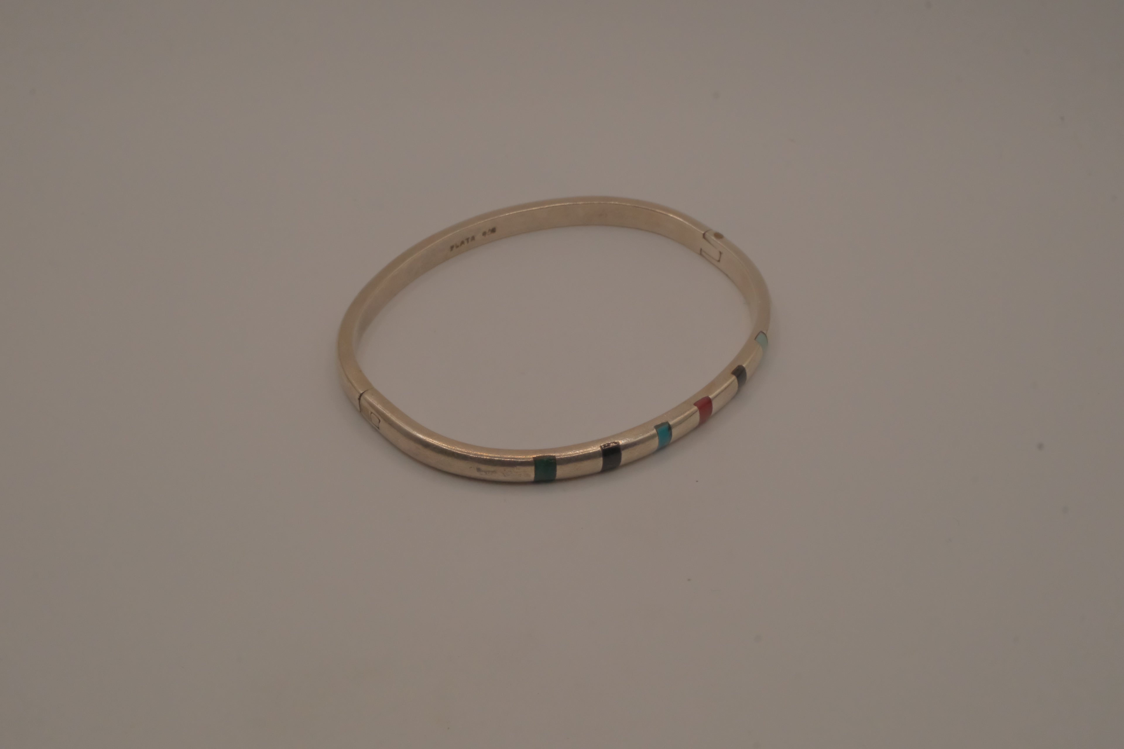 Vintage Mexican Sterling Silver Multi-Gemstone Inlay Hinged Bangle Bracelet