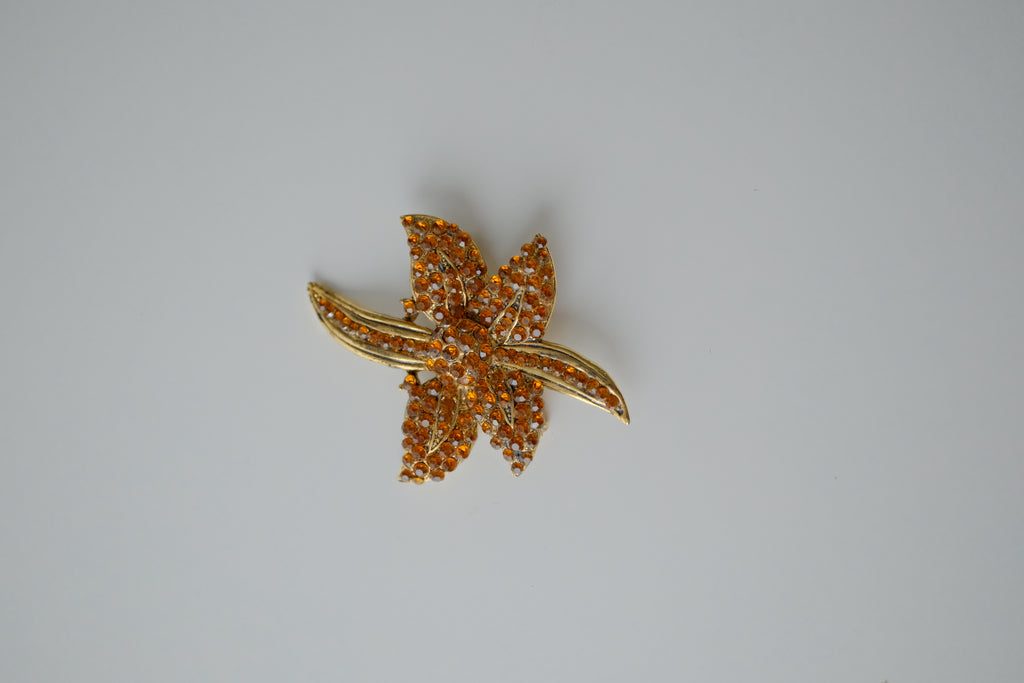 Vintage Orange Flower Rhinestone Brooch