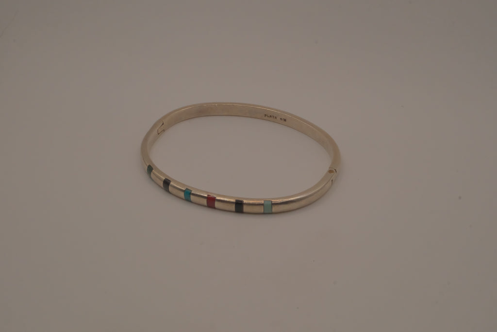 Vintage Mexican Sterling Silver Multi-Gemstone Inlay Hinged Bangle Bracelet
