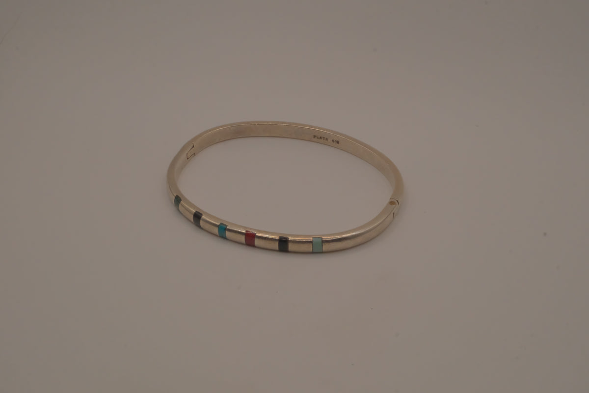 Vintage Mexican Sterling Silver Multi-Gemstone Inlay Hinged Bangle Bracelet
