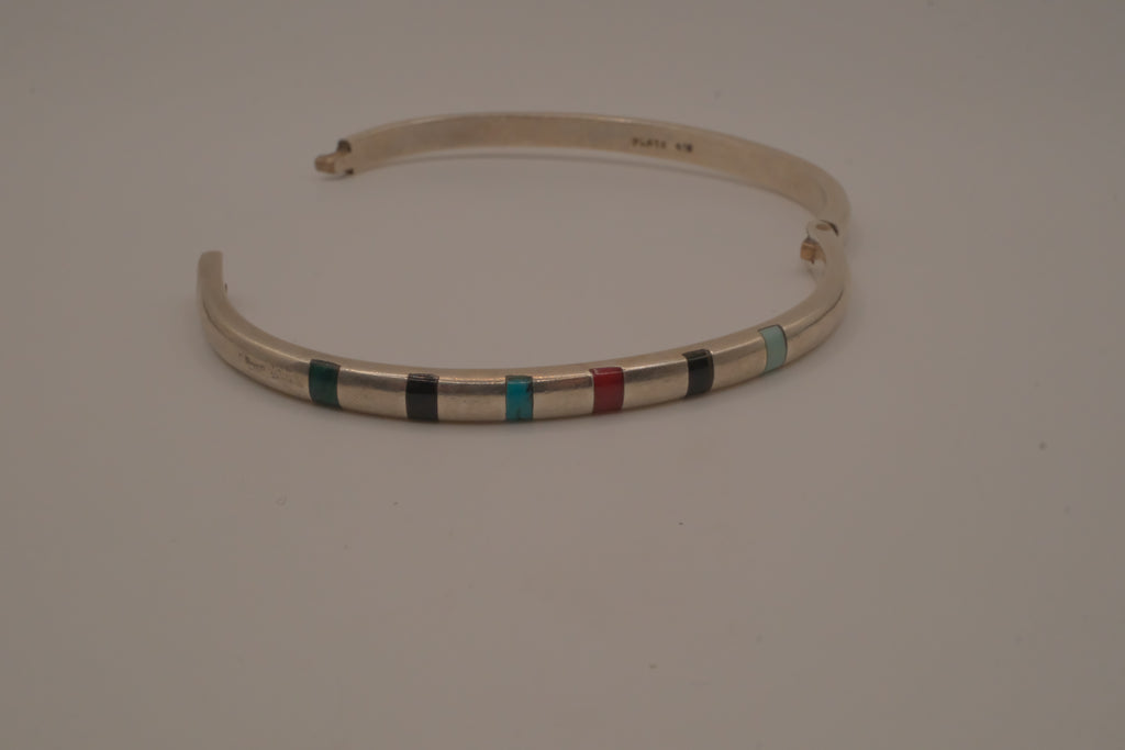 Vintage Mexican Sterling Silver Multi-Gemstone Inlay Hinged Bangle Bracelet