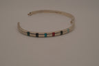 Vintage Mexican Sterling Silver Multi-Gemstone Inlay Hinged Bangle Bracelet