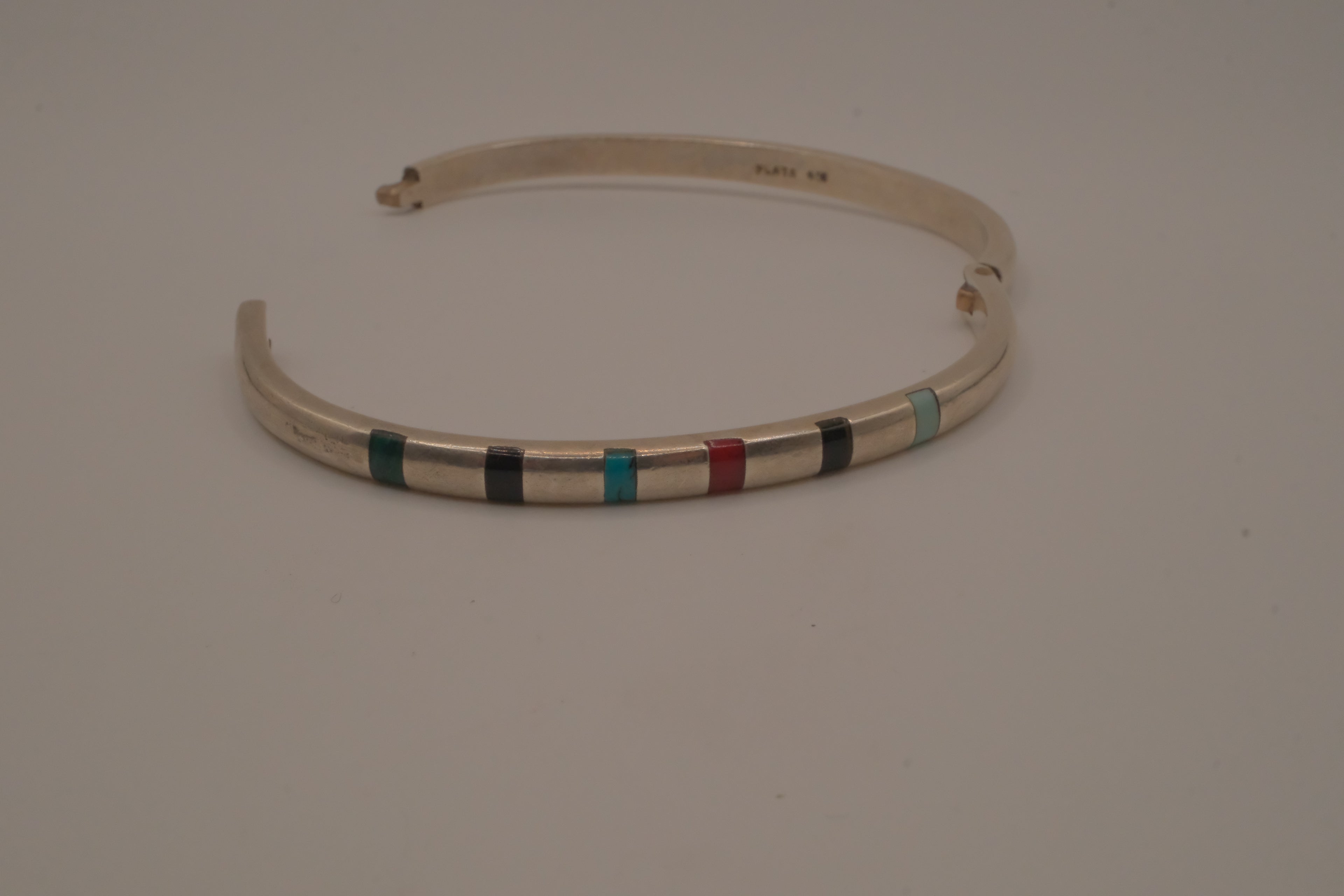 Vintage Mexican Sterling Silver Multi-Gemstone Inlay Hinged Bangle Bracelet