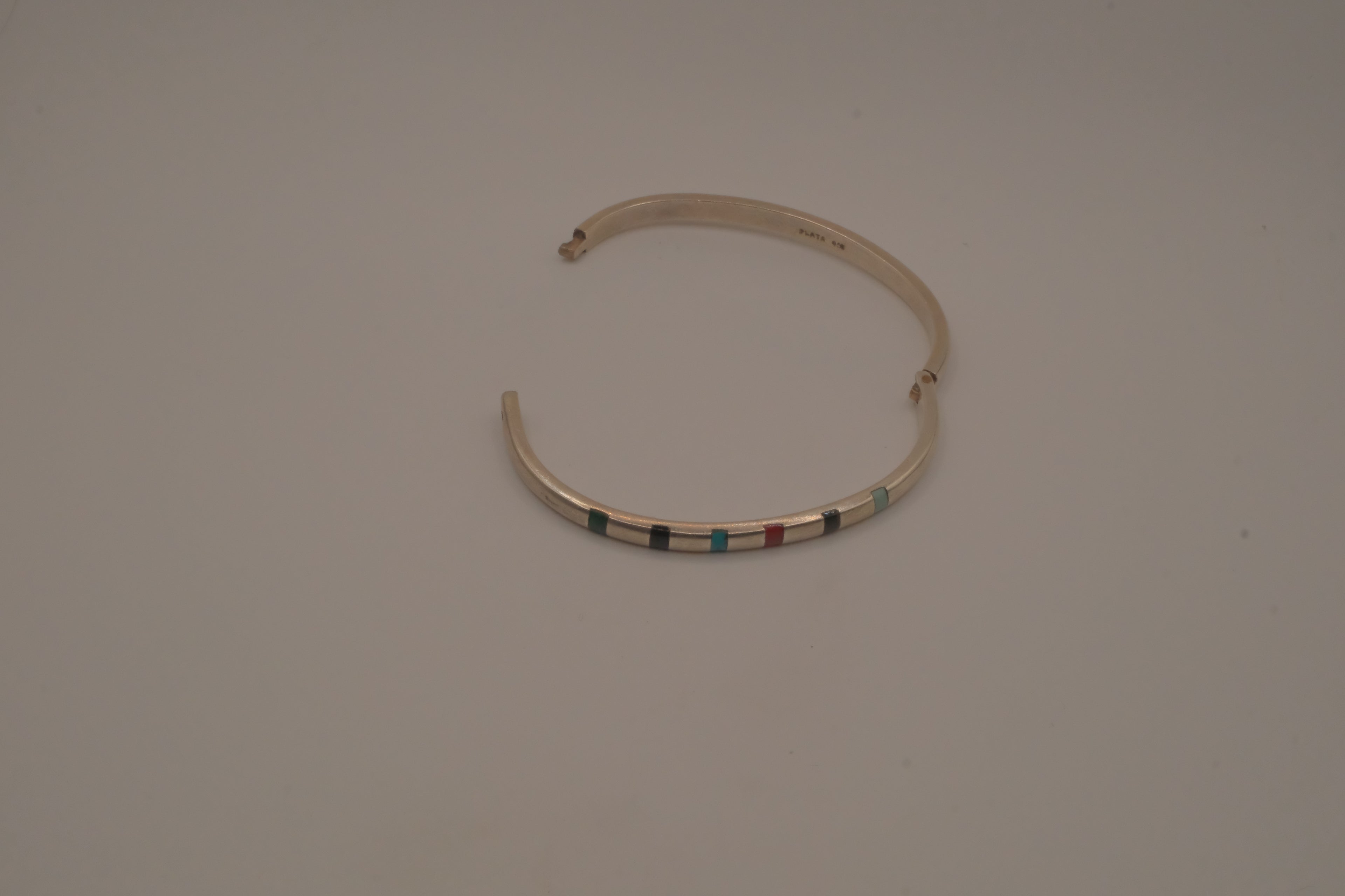 Vintage Mexican Sterling Silver Multi-Gemstone Inlay Hinged Bangle Bracelet