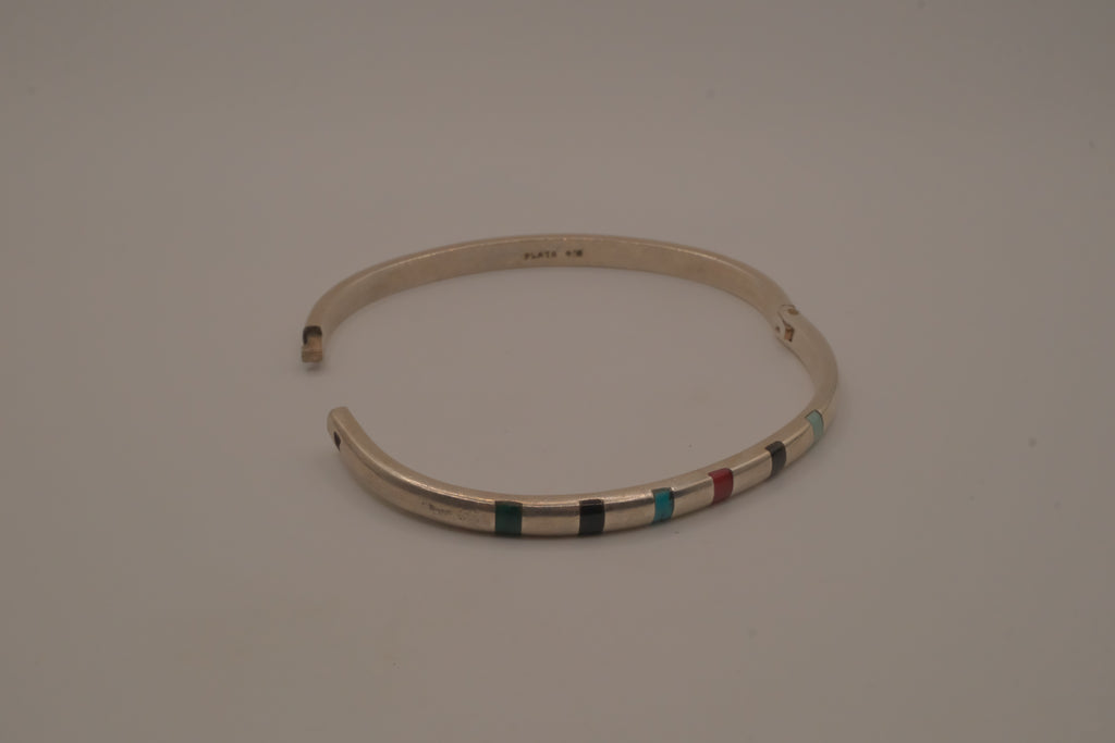 Vintage Mexican Sterling Silver Multi-Gemstone Inlay Hinged Bangle Bracelet