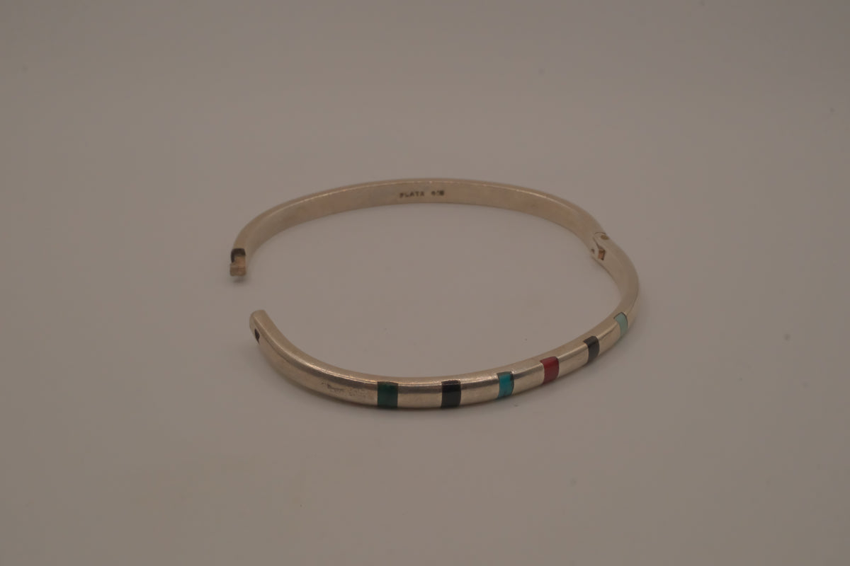 Vintage Mexican Sterling Silver Multi-Gemstone Inlay Hinged Bangle Bracelet