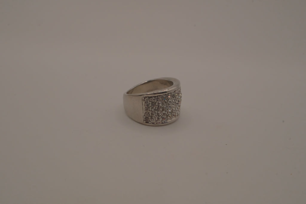 Silver tone wide pave cocktail band ring
