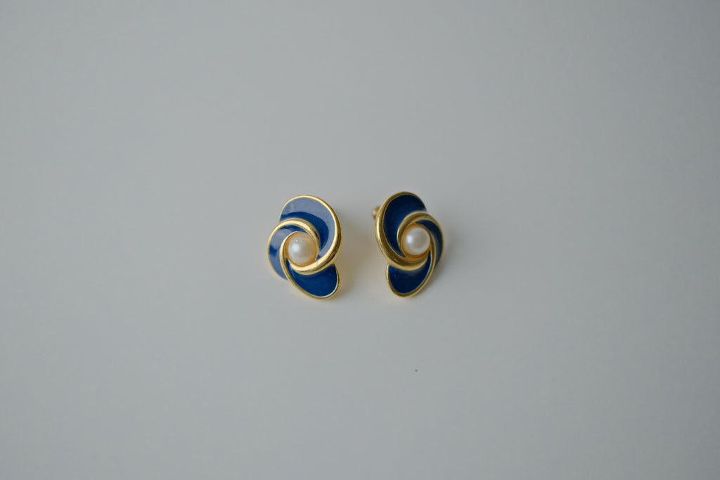 Vintage Blue Enamel with Pearl Flower Studs