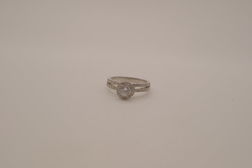 Silver tone halo ring with split-shank band
