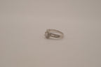Silver tone halo ring with split-shank band