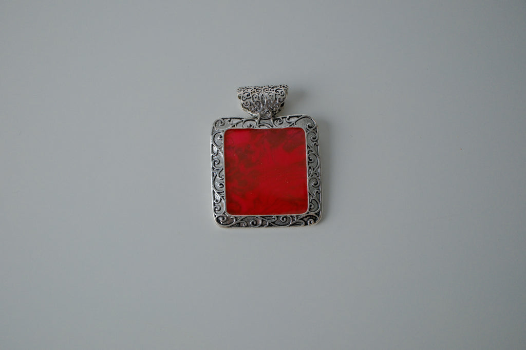Silver Filigree and Red Enamel Pendant