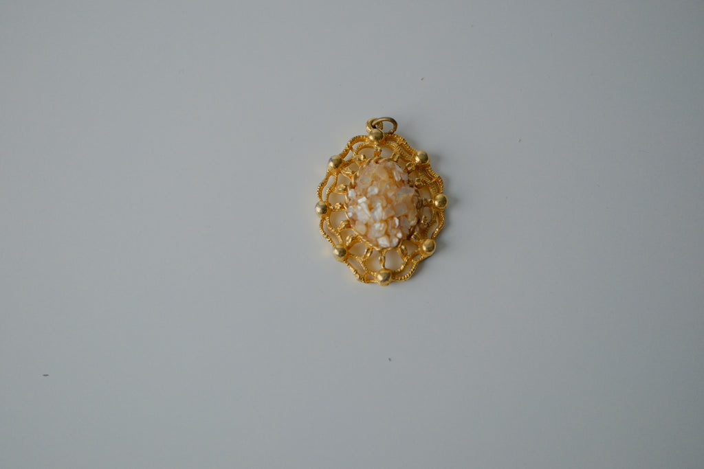 Vintage Gold Toned Filigree pendant with crushed stone
