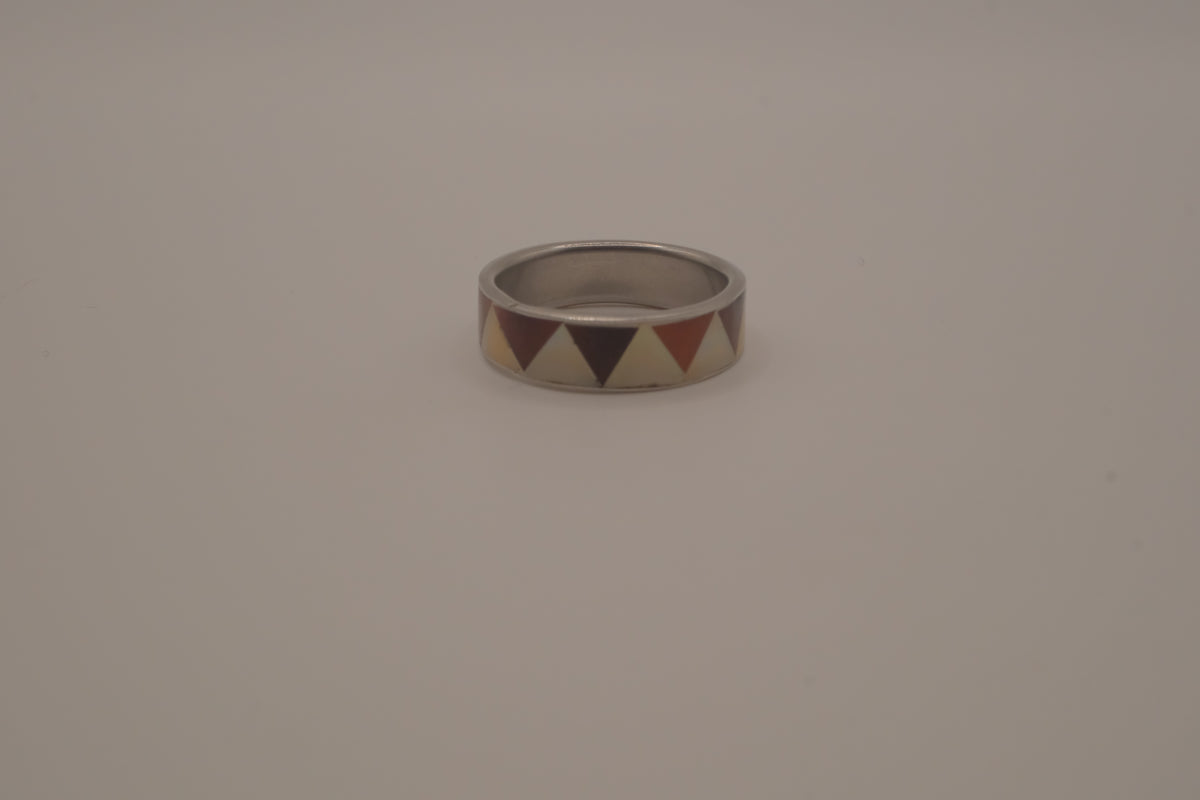 Silver tone mother-of-pearl geometric inlay band ring