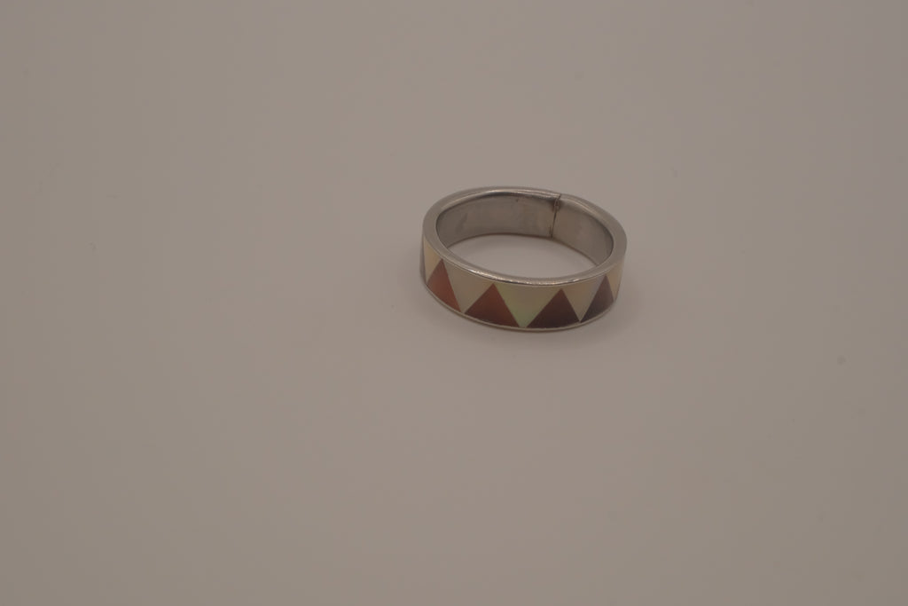 Silver tone mother-of-pearl geometric inlay band ring