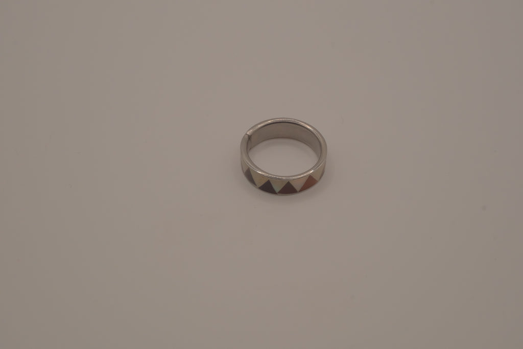Silver tone mother-of-pearl geometric inlay band ring