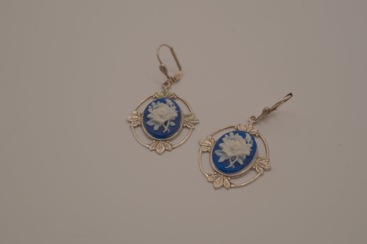 Vintage Blue and White rose cameo dangle earrings