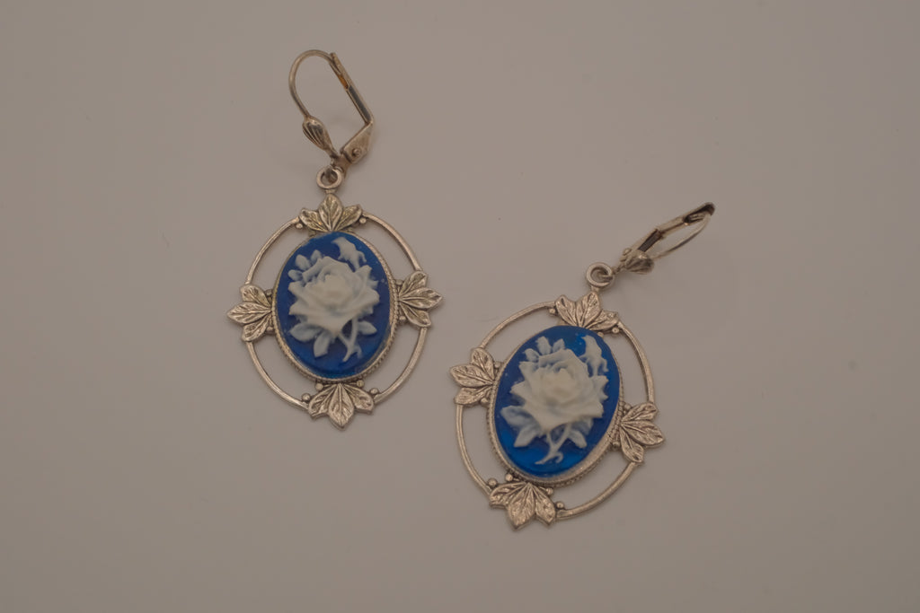 Vintage Blue and White rose cameo dangle earrings