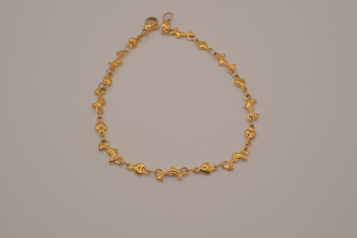 Gold tone Dolphin &amp; Hearts link bracelet