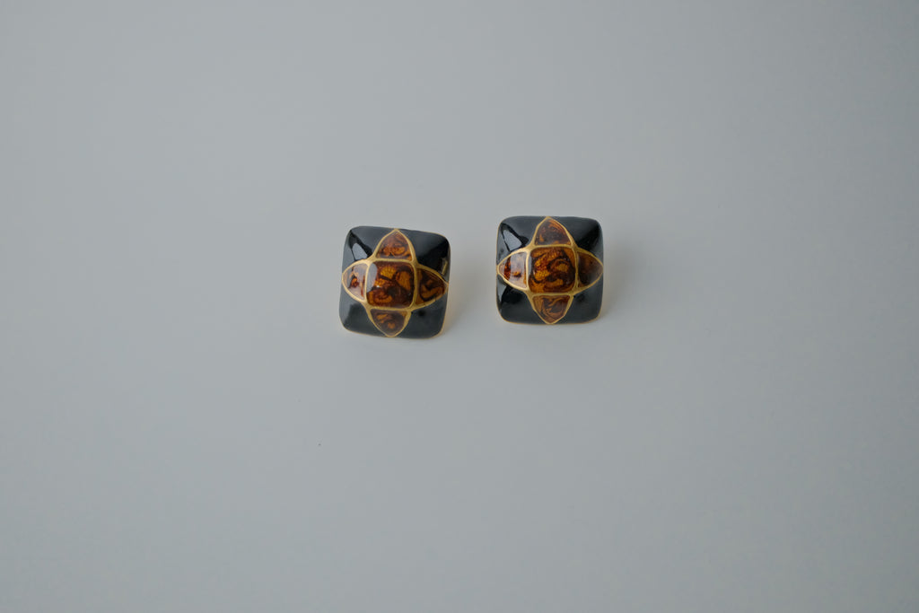 Vintage Black and Amber Inlay Earrings