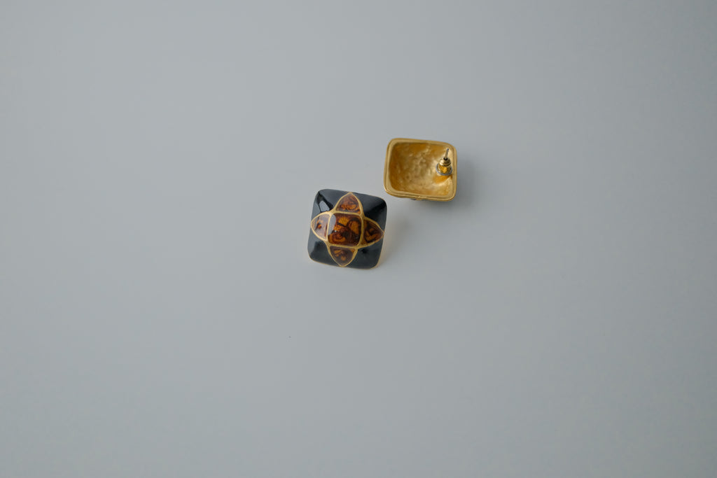 Vintage Black and Amber Inlay Earrings
