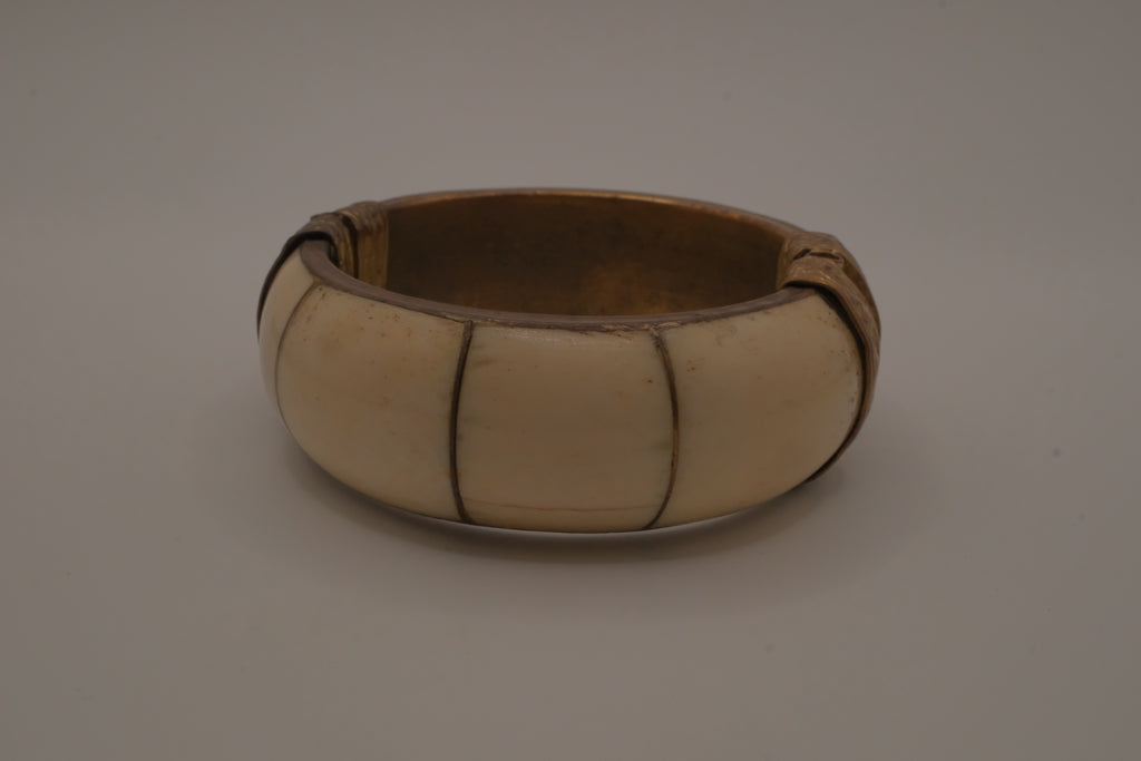Vintage brass and bone inlay bangle bracelet
