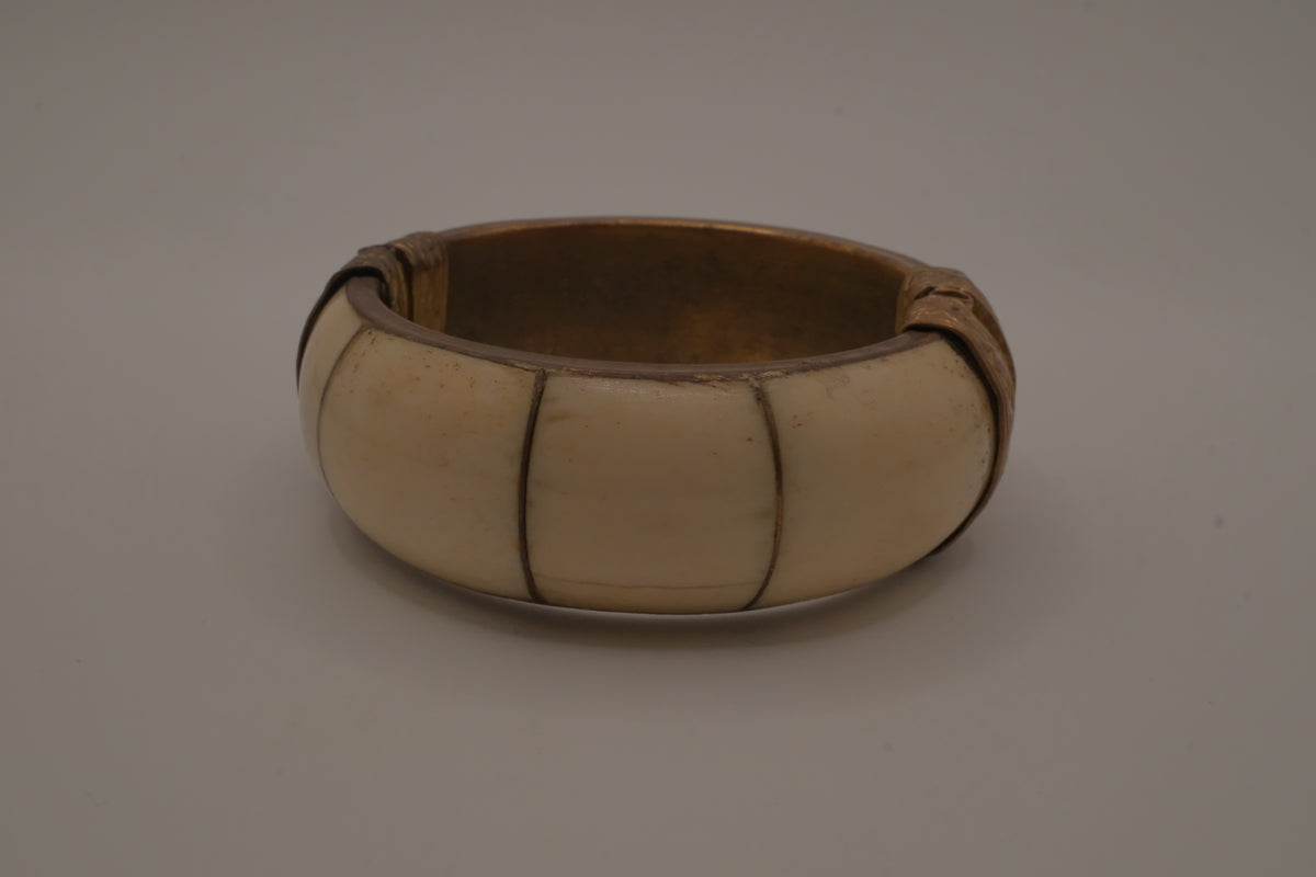 Vintage brass and bone inlay bangle bracelet